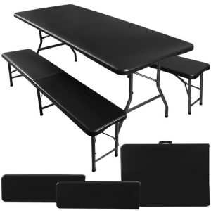 Folding garden table 180 cm + 2 benches - black (WNDR15910)