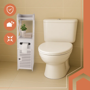 Free-Standing Bathroom Cabinet with Toilet Paper Holder – Lockable Storage Column – White (WNDR25763)
