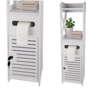Free-Standing Bathroom Cabinet with Toilet Paper Holder – Lockable Storage Column – White (WNDR25763)