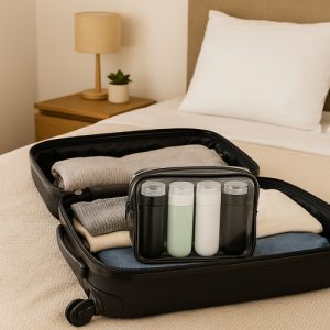 TRIZAND Travel Bottles Set – 4 x 90ml Silicone Bottles + Transparent TSA Cosmetic Bag + Labels (WNDR25760)