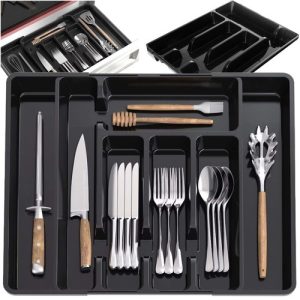 Black Cutlery Organizer for Kitchen Drawer with Sliding Insert (WNDR24748)