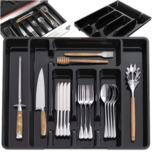 Black Cutlery Organizer for Kitchen Drawer with Sliding Insert (WNDR24748)