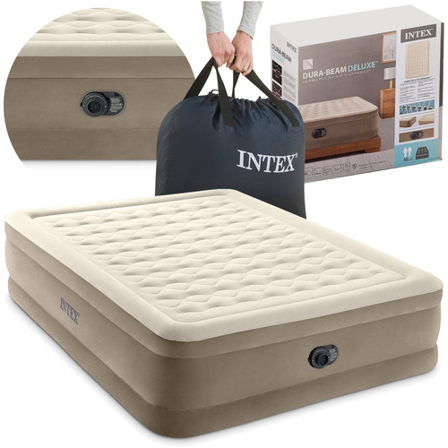 Intex 64428 Inflatable Double Air Mattress with Built-In Pump and Carry Bag (WNDR25198)