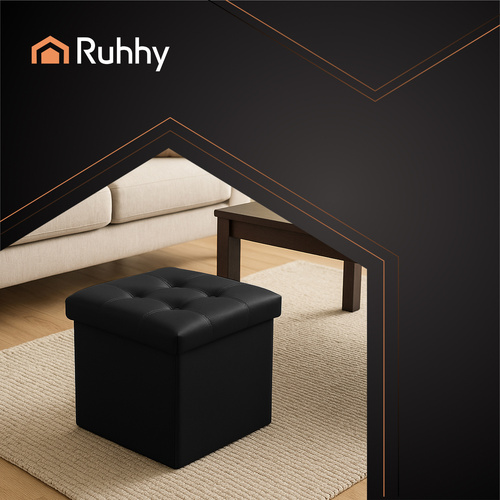 RUHHY Foldable Storage Pouffe Cube – Eco-Leather, 39L Capacity, Black, 38x38 cm (WNDR25779) - Image 3