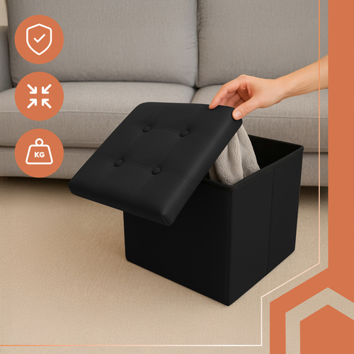 RUHHY Foldable Storage Pouffe Cube – Eco-Leather, 39L Capacity, Black, 38x38 cm (WNDR25779) - Image 5