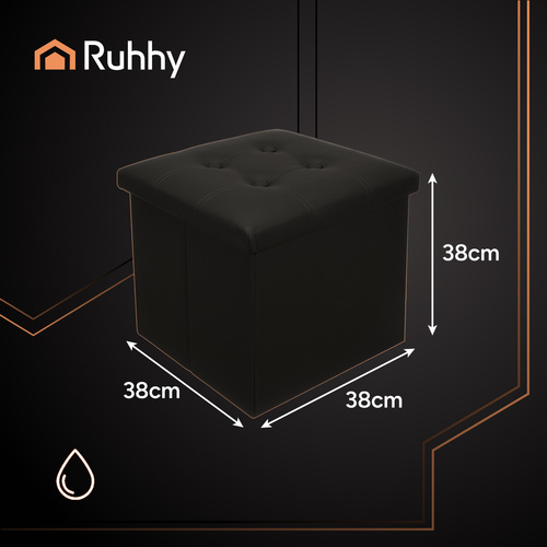 RUHHY Foldable Storage Pouffe Cube – Eco-Leather, 39L Capacity, Black, 38x38 cm (WNDR25779) - Image 6