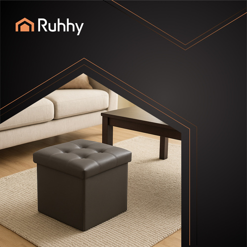 RUHHY Foldable Storage Pouffe Cube – Eco-Leather, 39L Capacity, Gray, 38x38 cm (WNDR25780) - Image 3