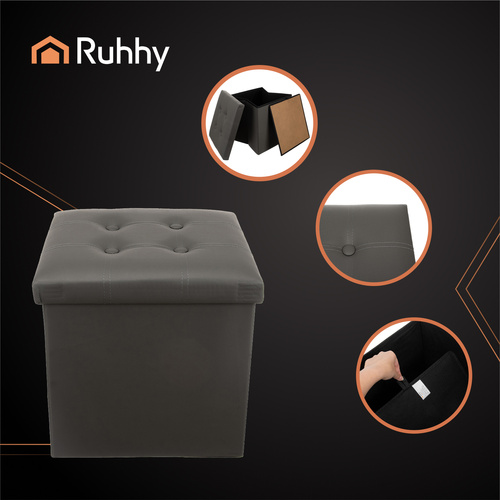 RUHHY Foldable Storage Pouffe Cube – Eco-Leather, 39L Capacity, Gray, 38x38 cm (WNDR25780) - Image 4