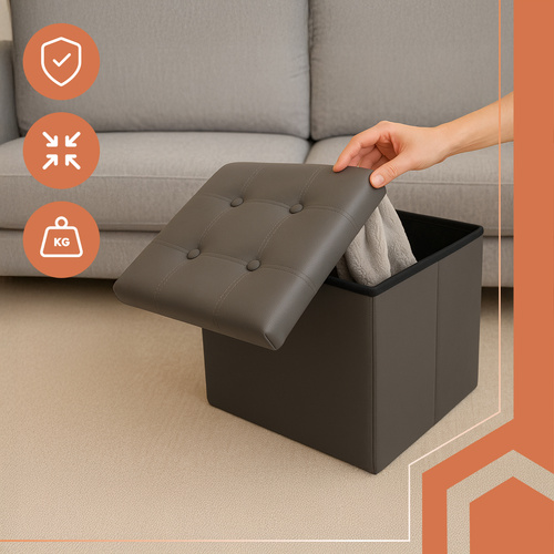 RUHHY Foldable Storage Pouffe Cube – Eco-Leather, 39L Capacity, Gray, 38x38 cm (WNDR25780) - Image 5