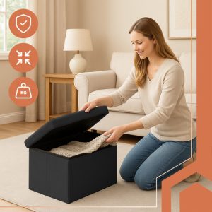 RUHHY XL Folding Velvet Pouf with Storage – Elegant Black, 54L Capacity (WNDR25995)