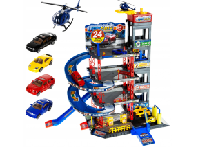 4-level play parking garage with elevator and car wash – includes 4 cars and helicopter, interactive kids’ toy (WNDR11606)