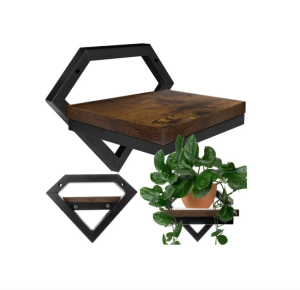 Loft style wall-mounted metal shelf with wooden board – black-brown plant holder, 19×23×20cm (WNDR24253)