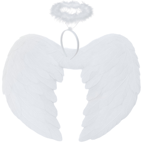Ruhhy Angel Wings with Halo – White Feather Costume Set (2 pcs, 45 × 35 cm) (WNDR26479)