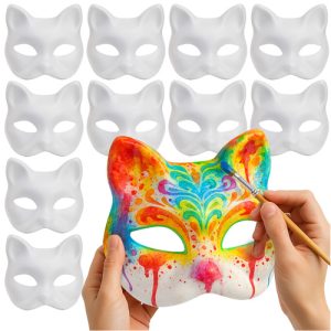 RUHHY Cat Face Mask Set – 10 White DIY Paintable Masks with Elastic Bands (WNDR26000)
