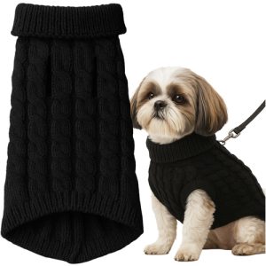 Purlov Dog/Cat Sweater – Size L, Black Knit Winter Turtleneck (WNDR26218)