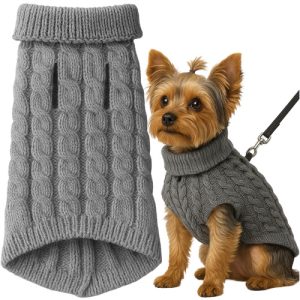 Purlov Dog/Cat Sweater – Size M, Gray Knit Winter Turtleneck (WNDR26217)