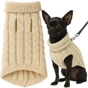 Purlov Dog/Cat Sweater – Size S, Beige Knit Winter Turtleneck (WNDR26216)