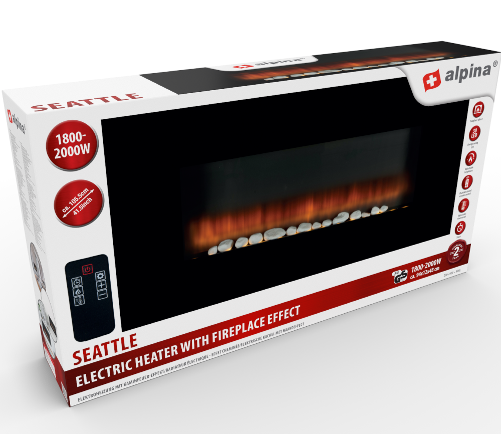 Seattle 105 cm Electric Wall-Mounted Fireplace – Alpina 2000W with Remote Control & Adjustable Heat (EDC) - Image 3